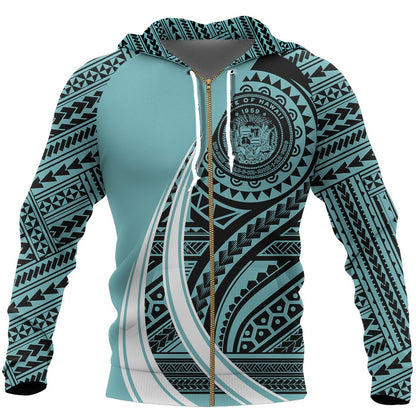 Hawaii Coat Of Arms Polynesian Zip Up Hoodie Tatoo Style Blue