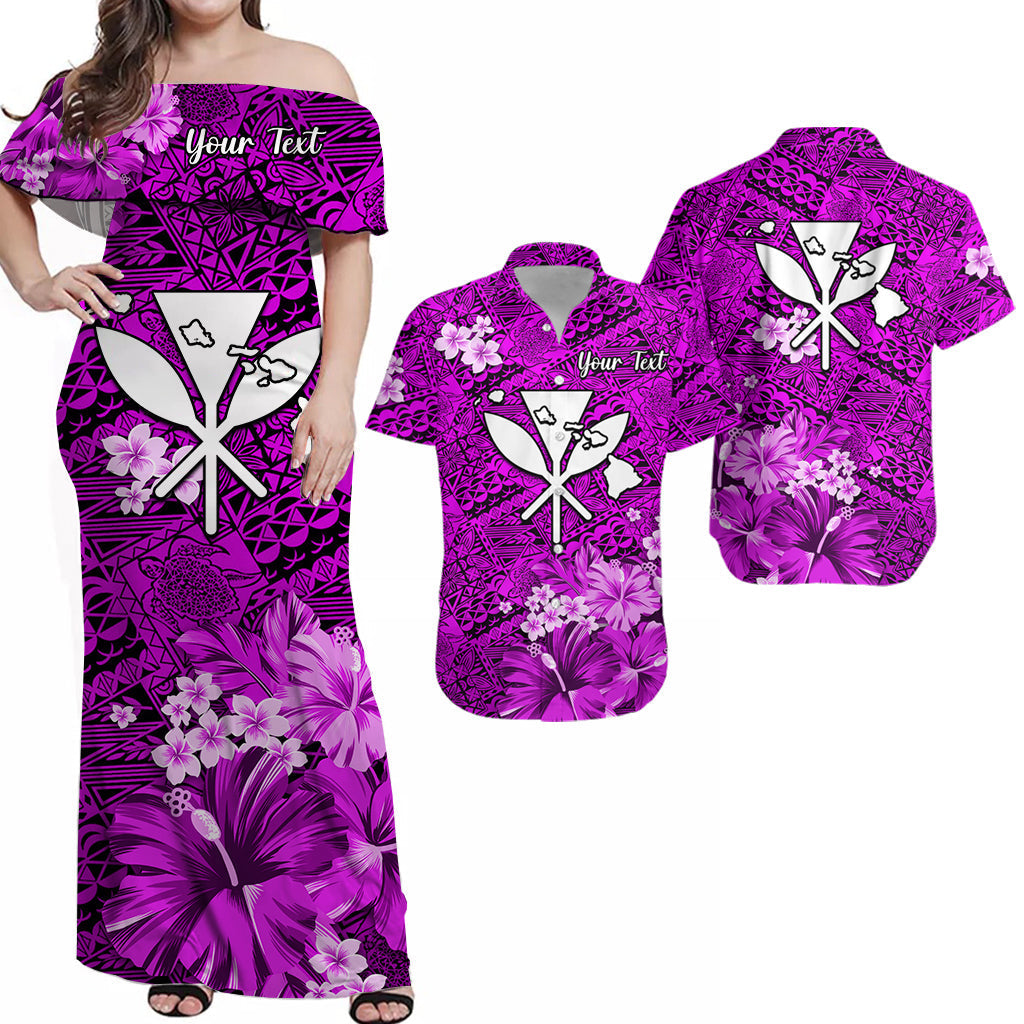 (Custom Personalised) Hawaii Couple Outfits Combo Dress and Hawaiian Shirt Map and Turtle Purple Flowers