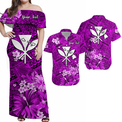 (Custom Personalised) Hawaii Couple Outfits Combo Dress and Hawaiian Shirt Map and Turtle Purple Flowers