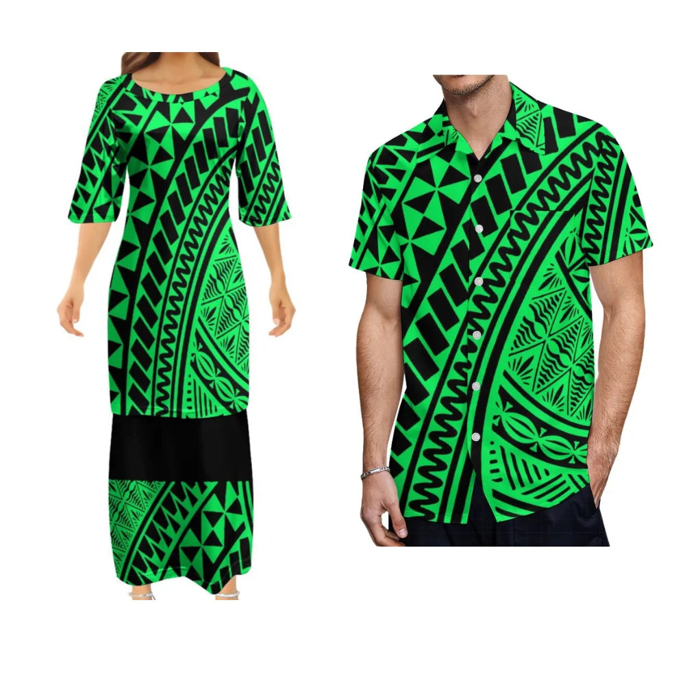 Samoan Polynesian Tribal Green Island Women's Puletasi Summer Couple Suit Men's Shirt Women's Long Dress