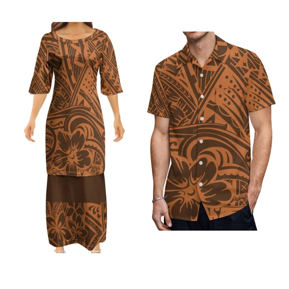 Samoan Dress Polynesian Tribal Tropical Pattern Brown Woman Puletasi Suit Dress Hawaiian Man Formal Shirt Summer Couple Set