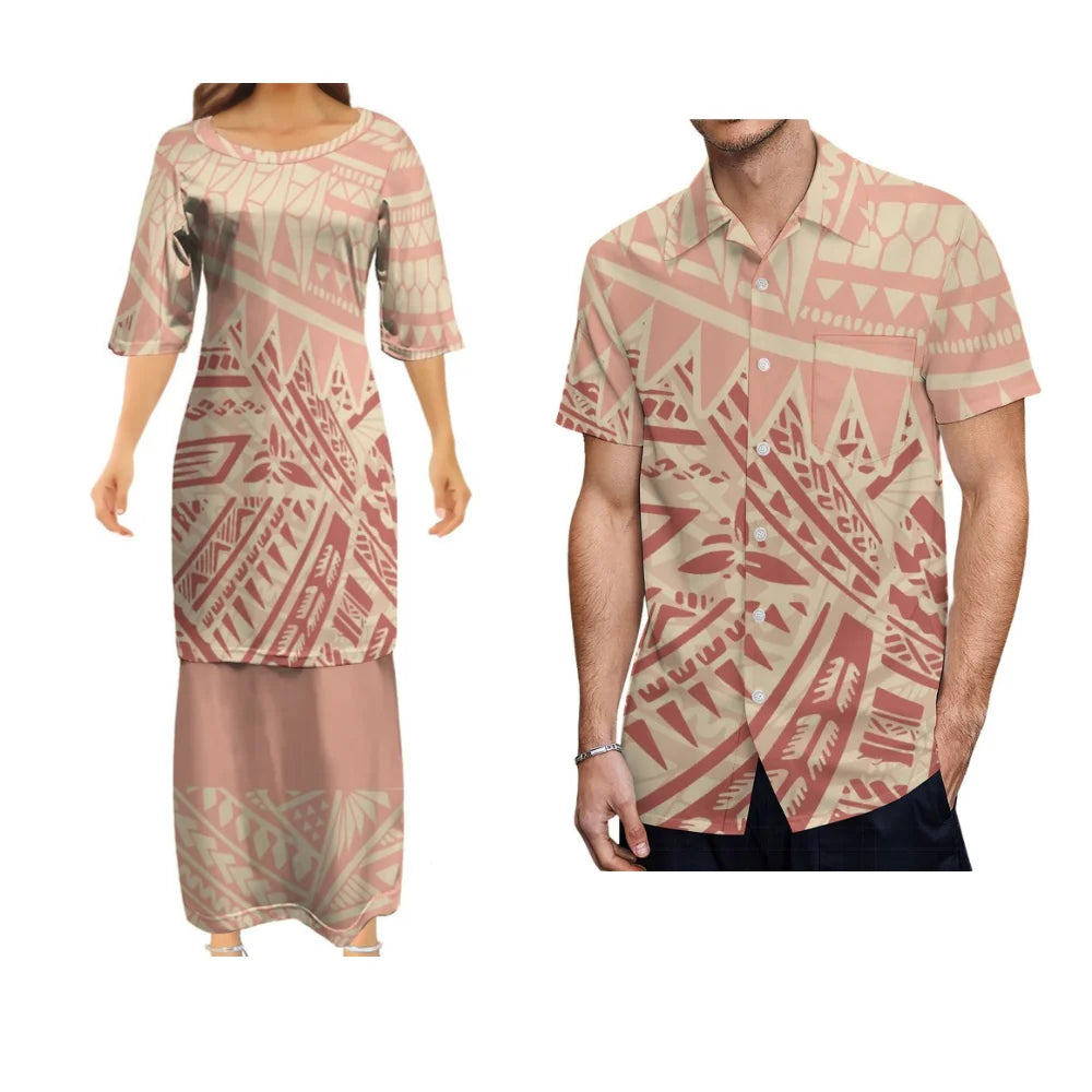 Samoa Matching Outfit Polynesian Polynesian Tribal Pattern Dress And Hawaiian Shirt Couple Set