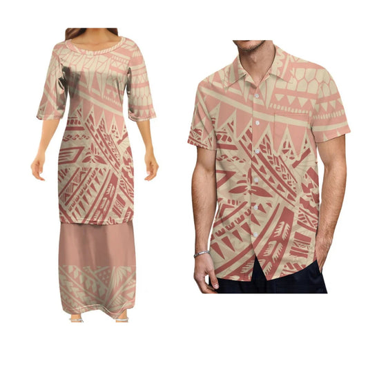 Samoa Matching Outfit Polynesian Polynesian Tribal Pattern Dress And Hawaiian Shirt Couple Set