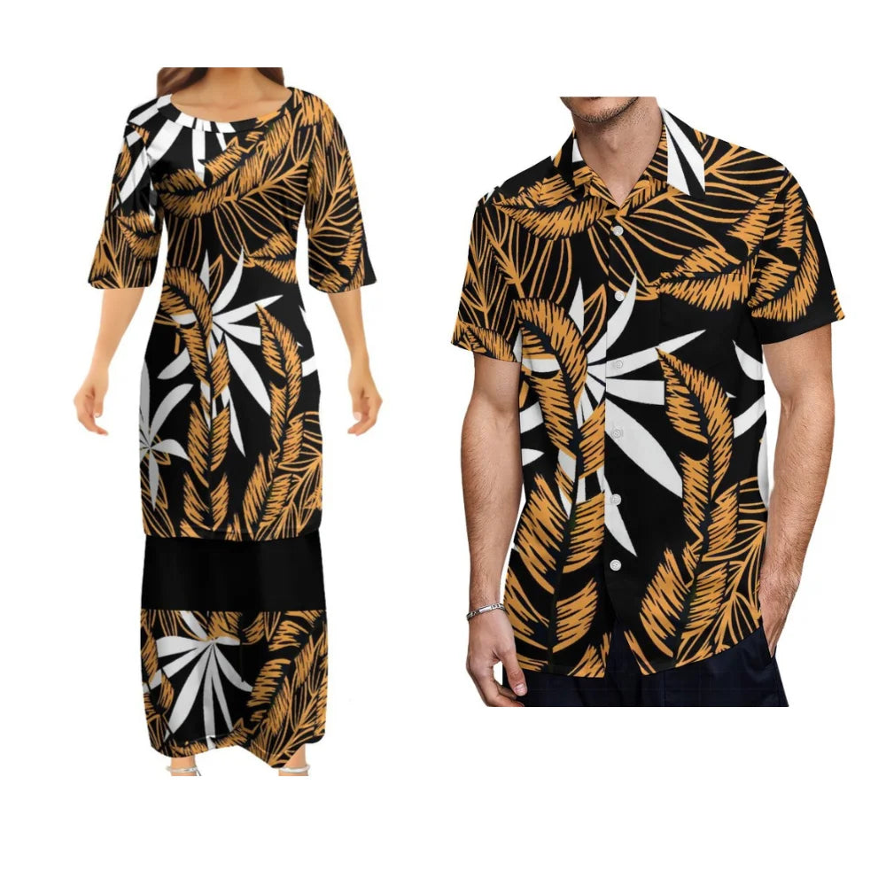 Samoan Dress Polynesian Tribal Tropical Black Woman Puletasi Suit Dress Hawaiian Man Formal Shirt Summer Couple Set