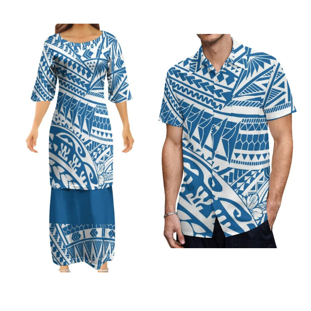 Samoan Polynesian Tribal Blue Island Women's Puletasi Summer Couple Suit Men's Shirt Women's Long Dress