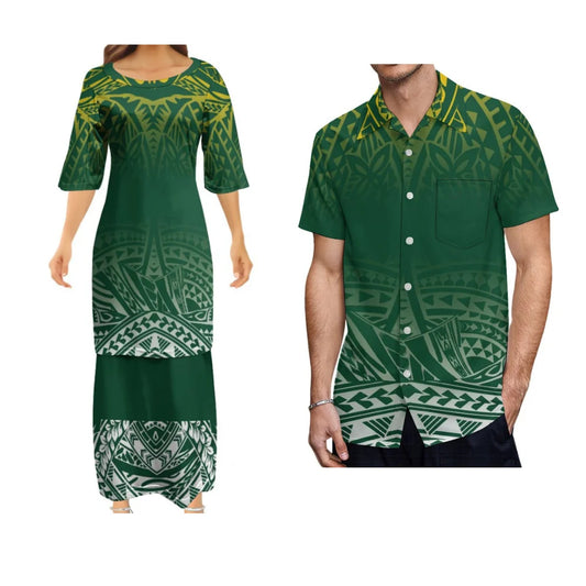 Samoan Dress Polynesian Tribal Green Woman Puletasi Suit Dress Hawaiian Man Formal Shirt Summer Couple Set