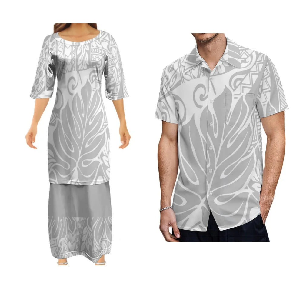 Samoa Tribal Matching Outfit Polynesian Tropical Leaf Pattern White Dress And Hawaiian Shirt Couple Set
