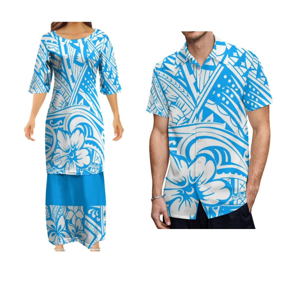 Samoan Plumeria Floral Design Dress Polynesian Woman Puletasi Suit Dress Hawaiian Man Formal Shirt Summer Couple Set