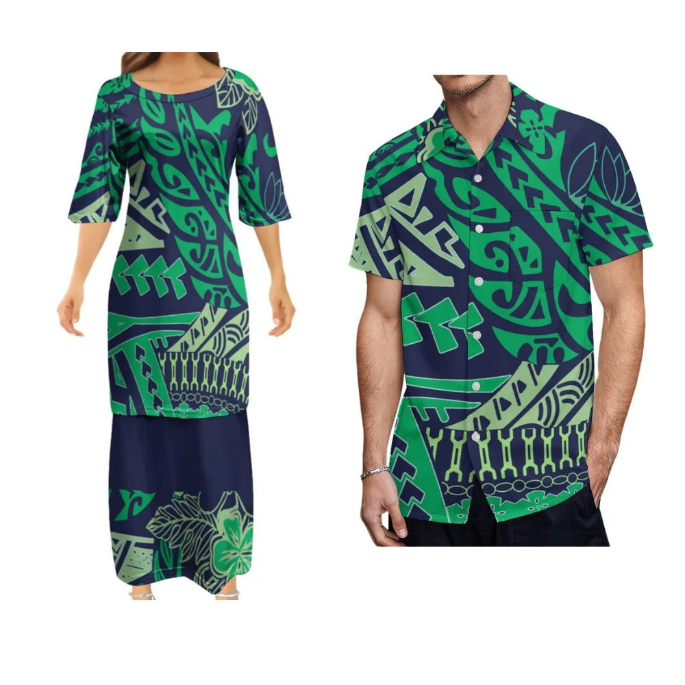 Samoan Dress Polynesian Tribal Pattern Green Woman Puletasi Suit Dress Hawaiian Man Formal Shirt Summer Couple Set