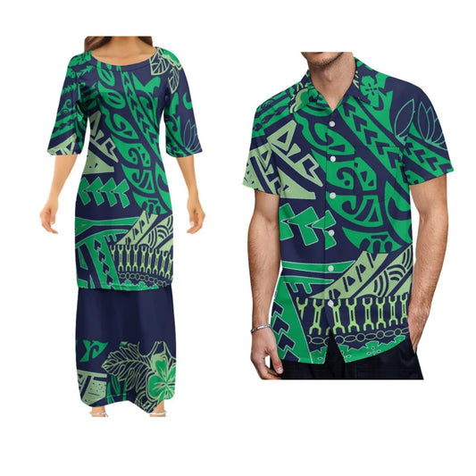 Samoan Dress Polynesian Tribal Pattern Green Woman Puletasi Suit Dress Hawaiian Man Formal Shirt Summer Couple Set
