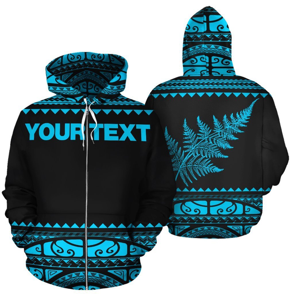Custom Text New Zealand Maori Zip Up Hoodie, Aotearoa Silver Fern Zipper Hoodie Blue Customized