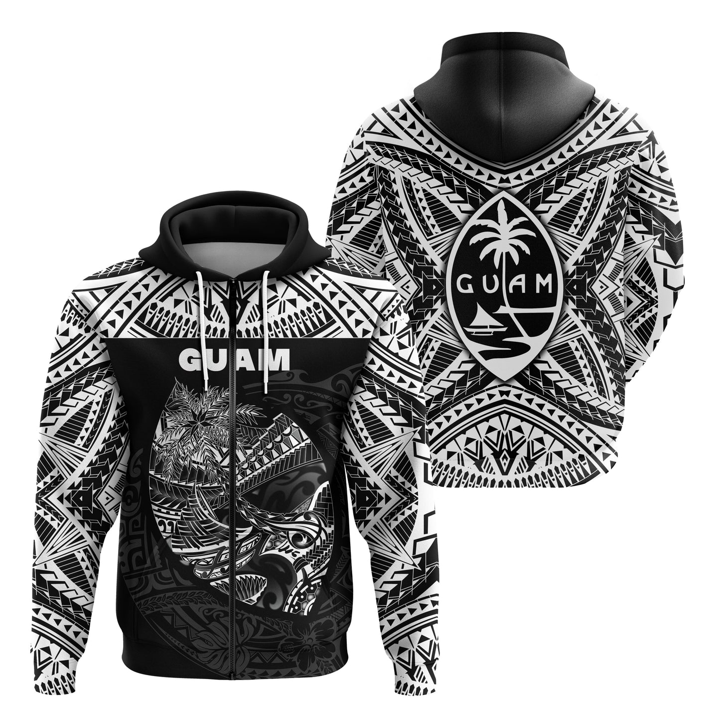 Guam Rugby Zip Hoodie Polynesian Patterns Black