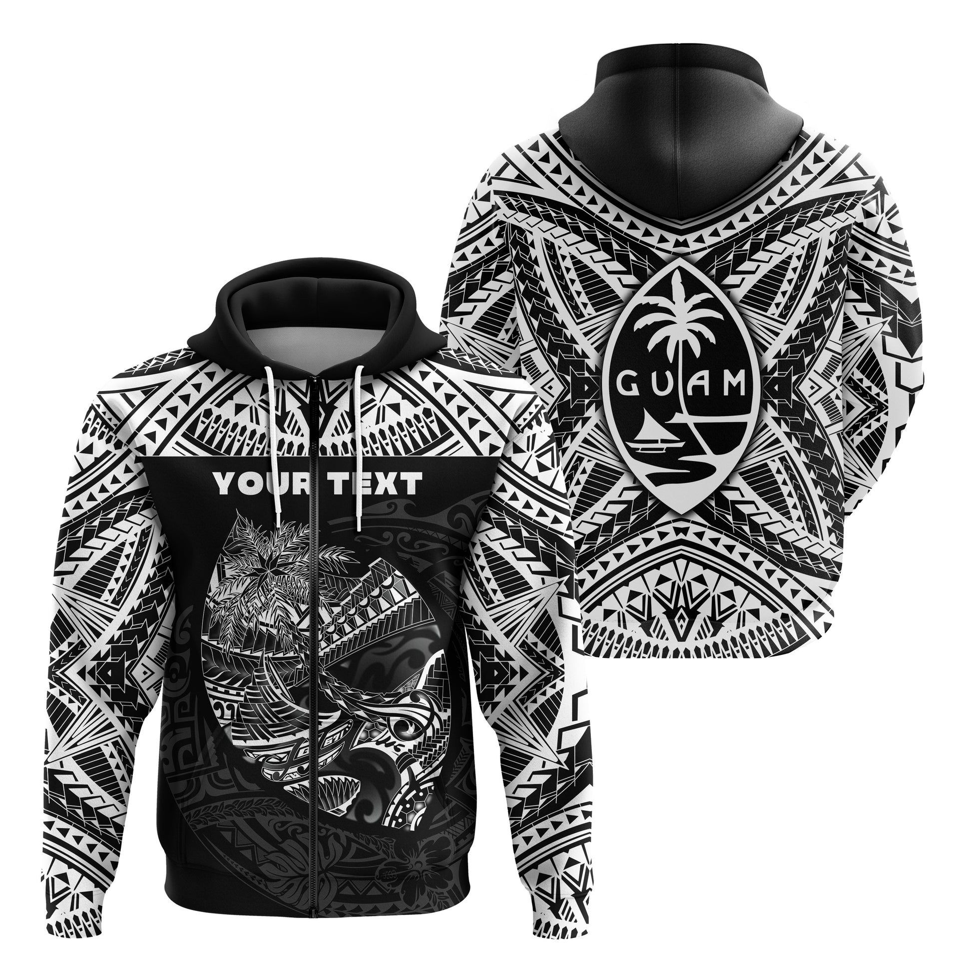 ( Personalised) Guam Rugby Zip Hoodie Polynesian Patterns Black Ver.2