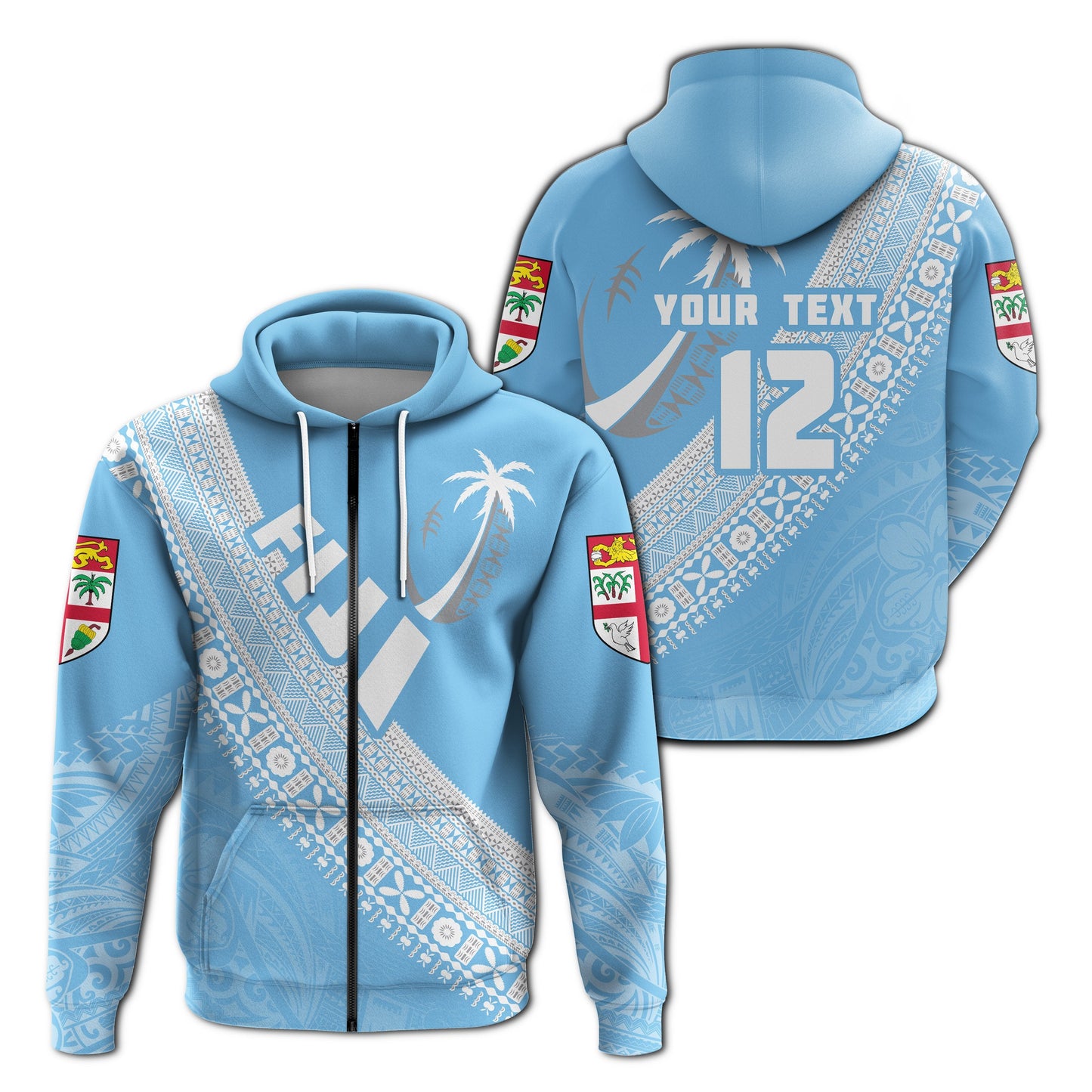 ( Personalised) Fiji Tapa Rugby Zip Hoodie version Style You Win Blue