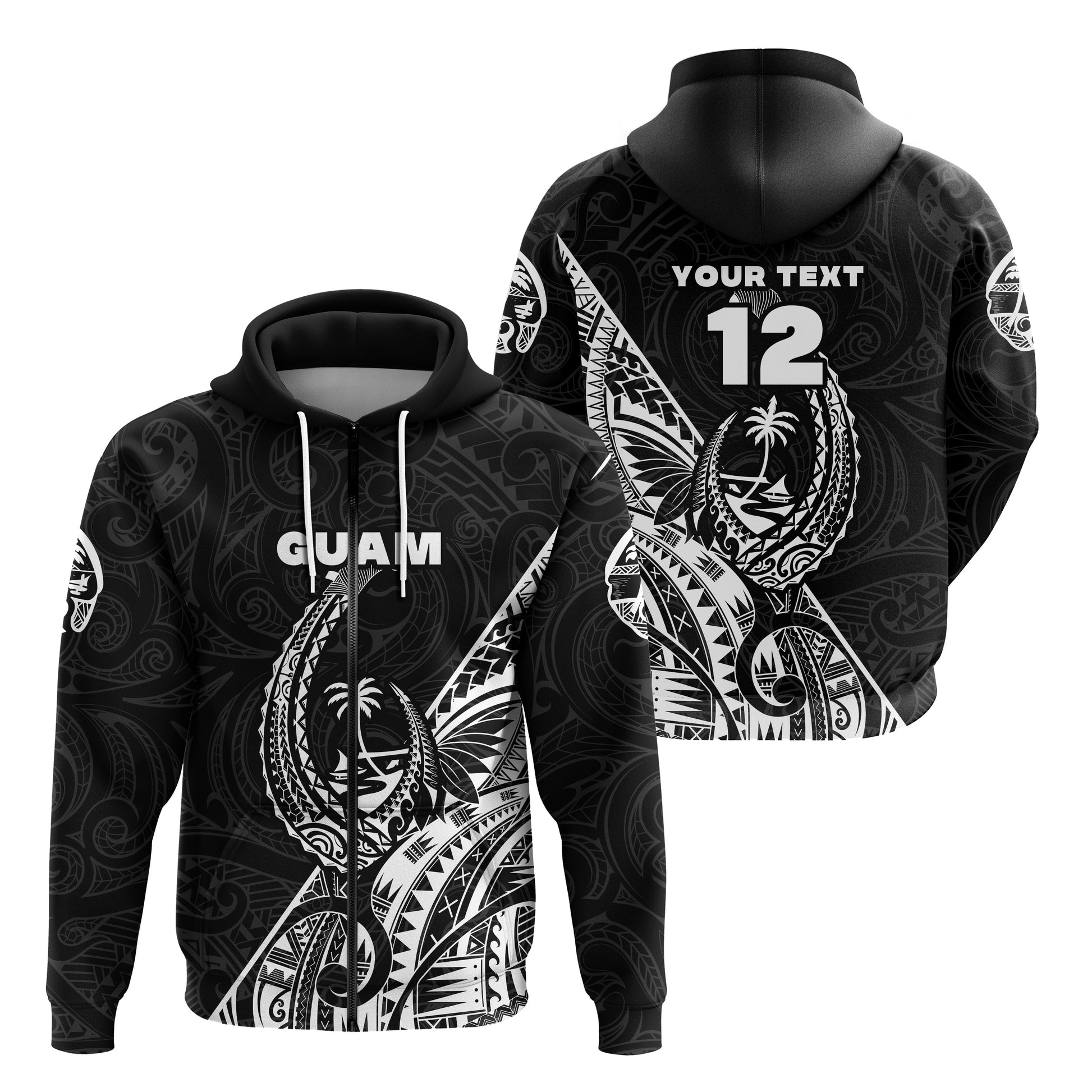 Custom Text Guam Rugby Zip Hoodie Polynesian Patterns Style Black