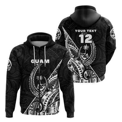 Custom Text Guam Rugby Zip Hoodie Polynesian Patterns Style Black
