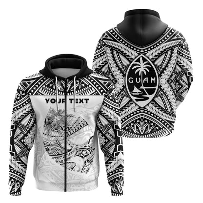 ( Personalised) Guam Rugby Zip Hoodie Polynesian Patterns White Ver.2