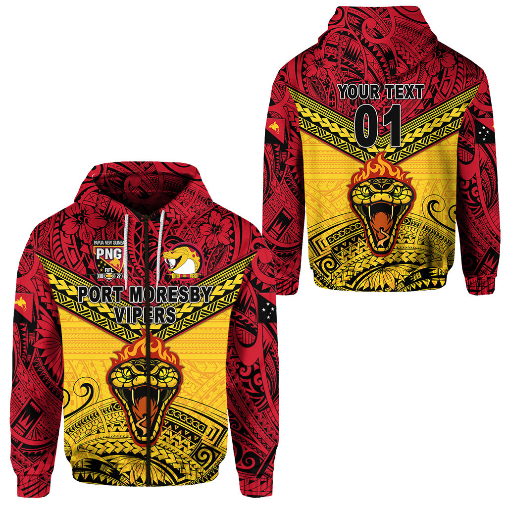 ( Personalised) Papua New Guinea Port Moresby Vipers Zip Hoodie Rugby Original Style Red, Text And Number