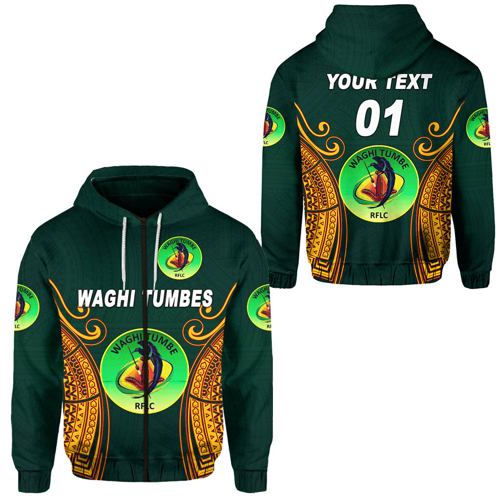 Custom Text Papua New Guinea Waghi Tumbes Hoodie Personalised Rugby Green Zip Up Hoodie