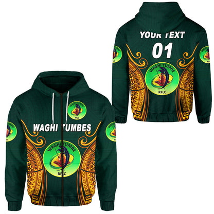 Custom Text Papua New Guinea Waghi Tumbes Hoodie Personalised Rugby Green Zip Up Hoodie