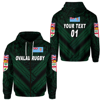 ( Personalised) Fiji Ovalau Rugby Zip Hoodie Dark Green Style, Text And Number