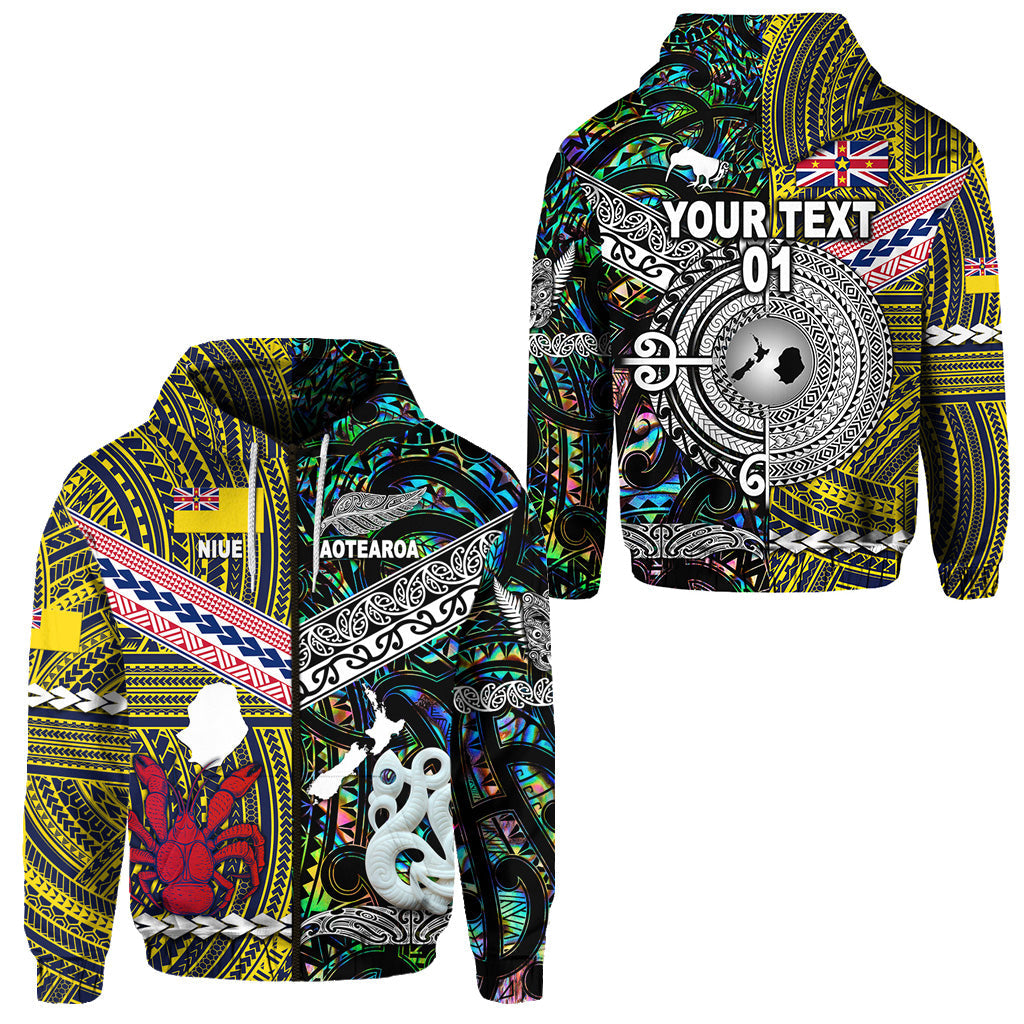 ( Personalised) New Zealand Maori Aotearoa And Niue Together Zip Hoodie Paua Shell, Text And Number