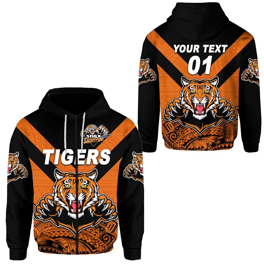 ( Personalised) Papua New Guinea Lae Snax Tigers Zip Hoodie Rugby Original Style Orange, Text And Number