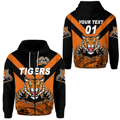 ( Personalised) Papua New Guinea Lae Snax Tigers Zip Hoodie Rugby Original Style Orange, Text And Number