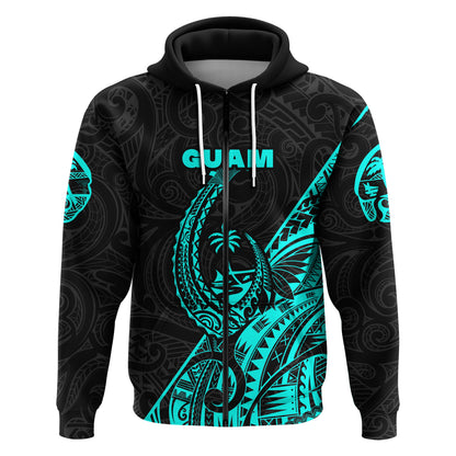 ( Personalised) Guam Rugby Zip Hoodie Polynesian Patterns Style Turquoise