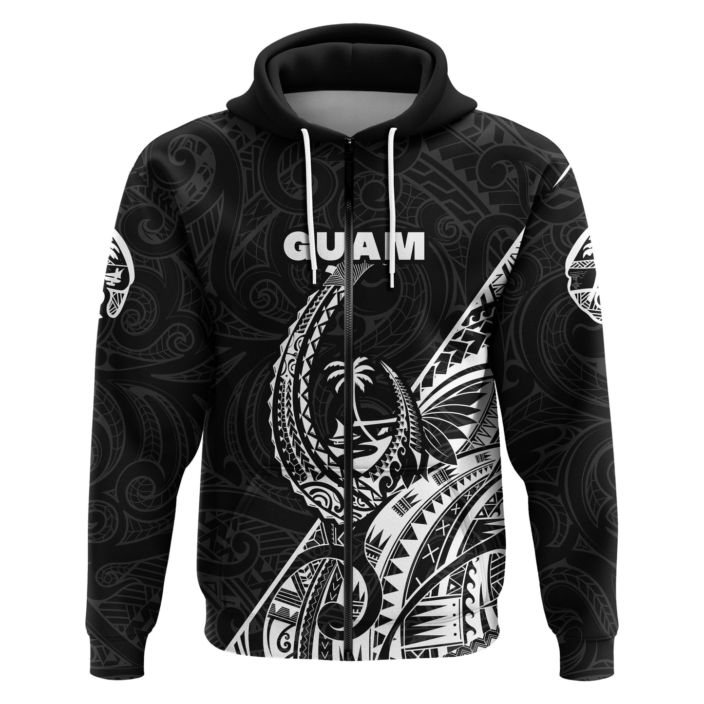Custom Text Guam Rugby Zip Hoodie Polynesian Patterns Style Black