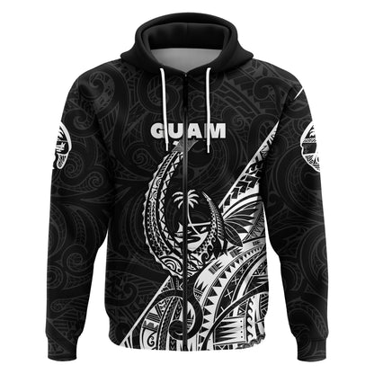 Custom Text Guam Rugby Zip Hoodie Polynesian Patterns Style Black
