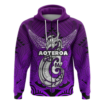 ( Personalised) Maori Aotearoa Manania Zip Hoodie Simple Sport Style Purple