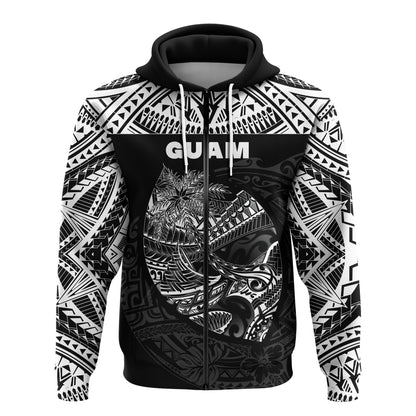 Guam Rugby Zip Hoodie Polynesian Patterns Black