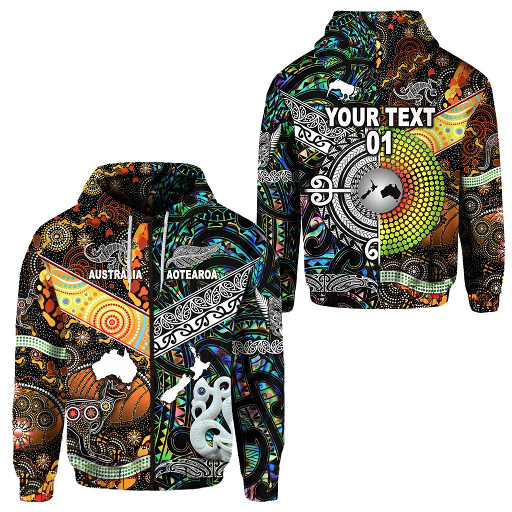 ( Personalised) New Zealand Maori Aotearoa And Australia Aboriginal Zip Hoodie Together Paua Shell, Text And Number