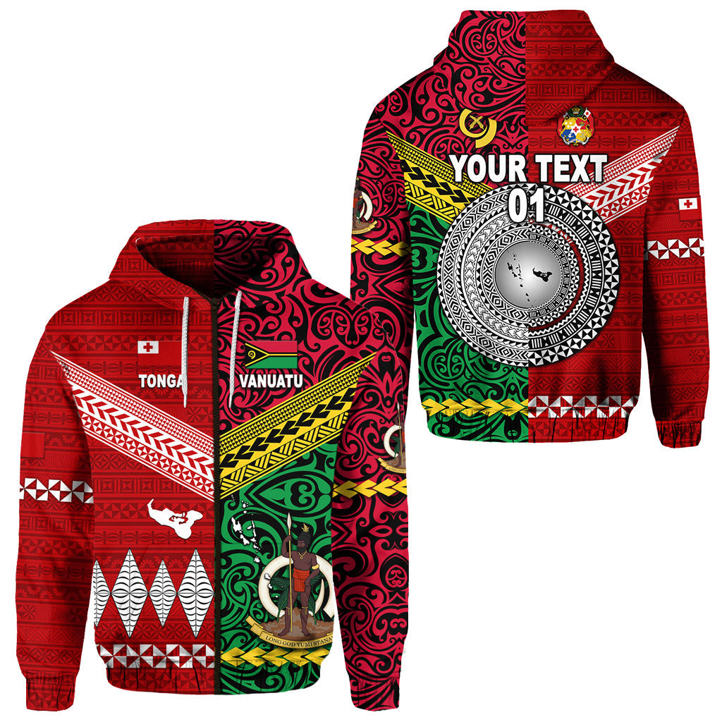 ( Personalised) Vanuatu And Tonga Zip Hoodie Polynesian Together Bright Red, Text And Number