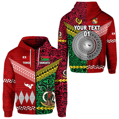 ( Personalised) Vanuatu And Tonga Zip Hoodie Polynesian Together Bright Red, Text And Number