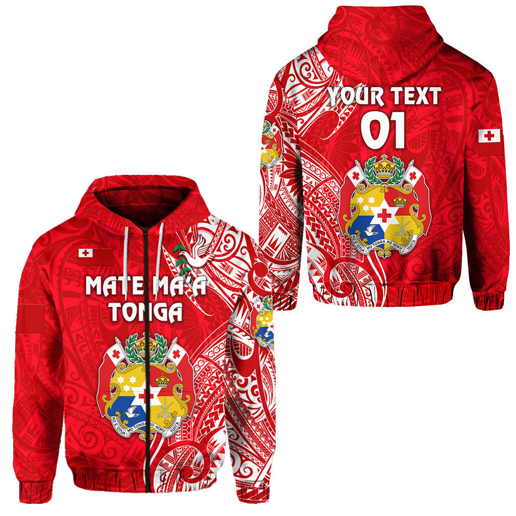 ( Personalised) Tonga Coat Of Arms Zip Hoodie Simple Vibes Bright Red, Text And Number