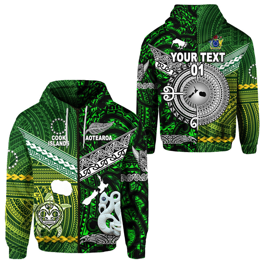 ( Personalised) New Zealand Maori Aotearoa Zip Hoodie Cook Islands Together Green, Text And Number