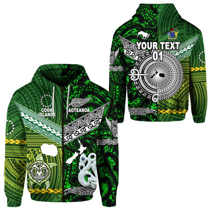 ( Personalised) New Zealand Maori Aotearoa Zip Hoodie Cook Islands Together Green, Text And Number