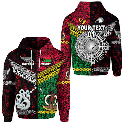 ( Personalised) Vanuatu And New Zealand Zip Hoodie Together Red, Text And Number