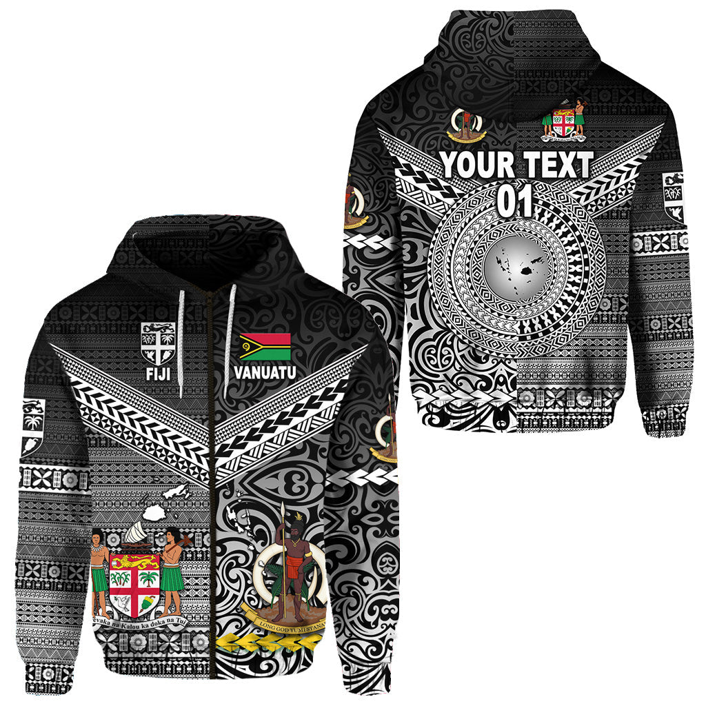 ( Personalised) Vanuatu And Fiji Zip Hoodie Together Black, Text And Number