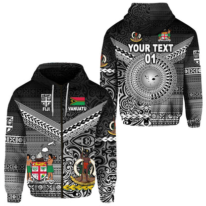 ( Personalised) Vanuatu And Fiji Zip Hoodie Together Black, Text And Number