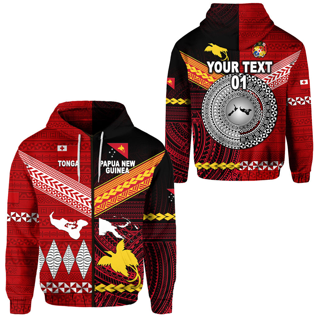 ( Personalised) Papua New Guinea And Tonga Zip Hoodie Polynesian Together Red, Text And Number