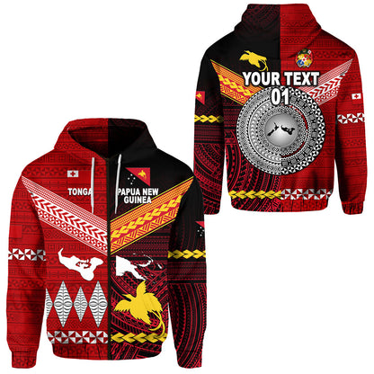 ( Personalised) Papua New Guinea And Tonga Zip Hoodie Polynesian Together Red, Text And Number