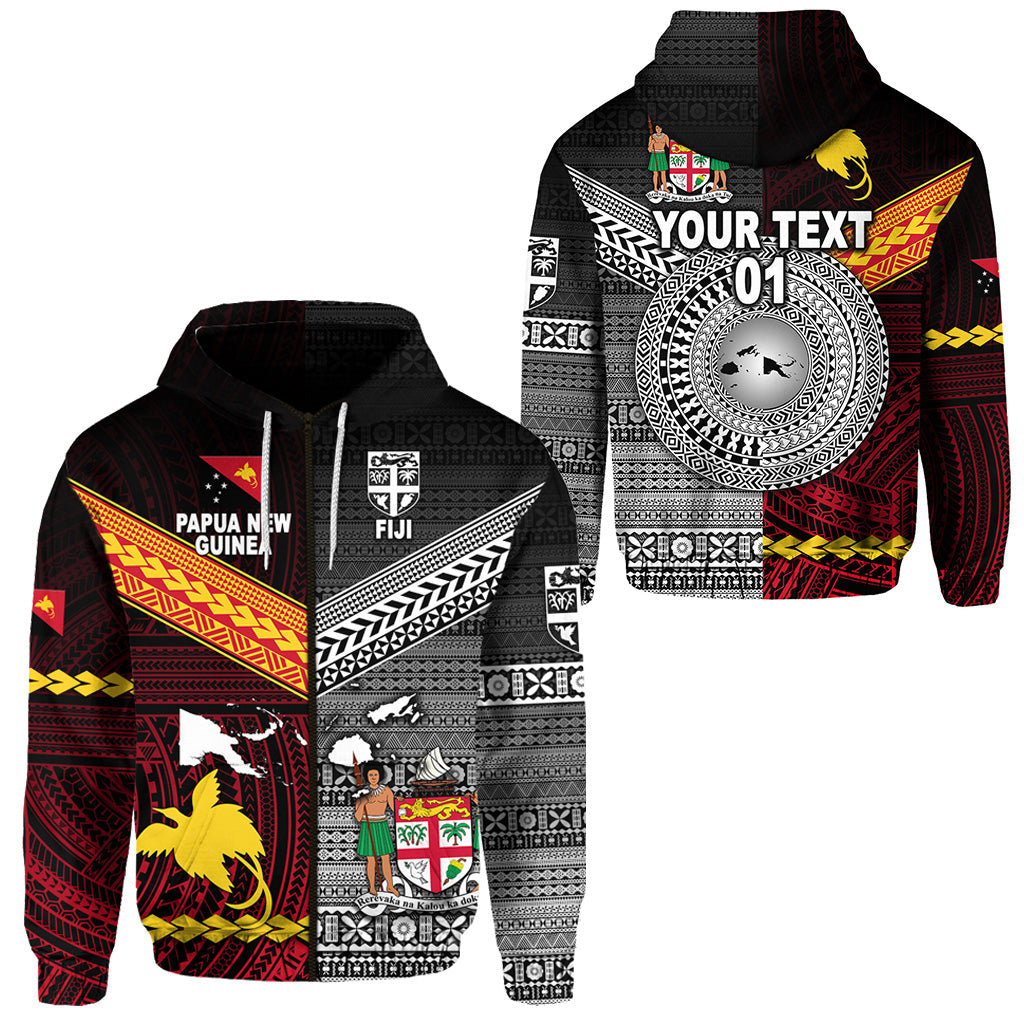 ( Personalised) Papua New Guinea Polynesian And Fiji Tapa Together Zip Hoodie Black, Text And Number