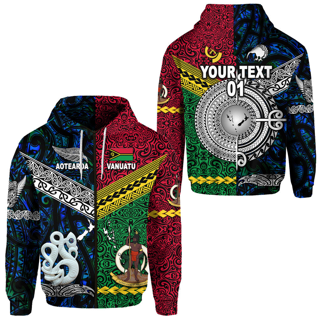 ( Personalised) Vanuatu And New Zealand Zip Hoodie Together Blue, Text And Number