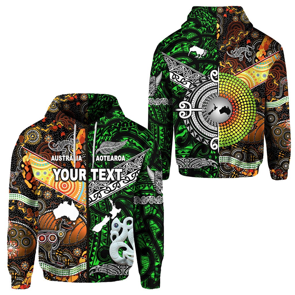 ( Personalised) New Zealand Maori Aotearoa And Australia Aboriginal Zip Hoodie Together Green