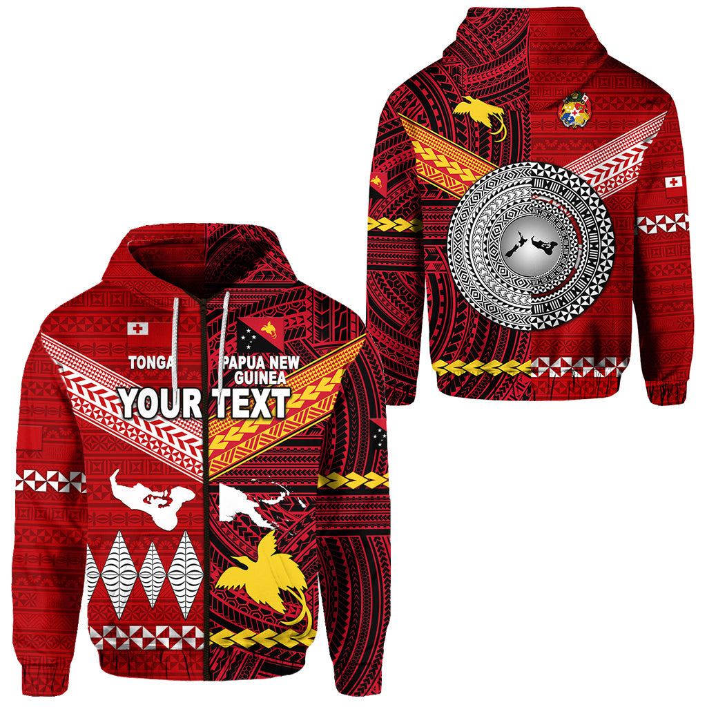 ( Personalised) Papua New Guinea And Tonga Zip Hoodie Polynesian Together Bright Red