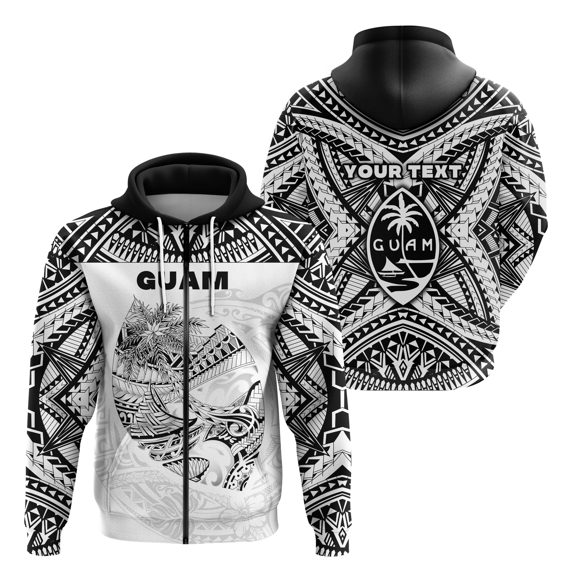 ( Personalised) Guam Rugby Zip Hoodie Polynesian Patterns White