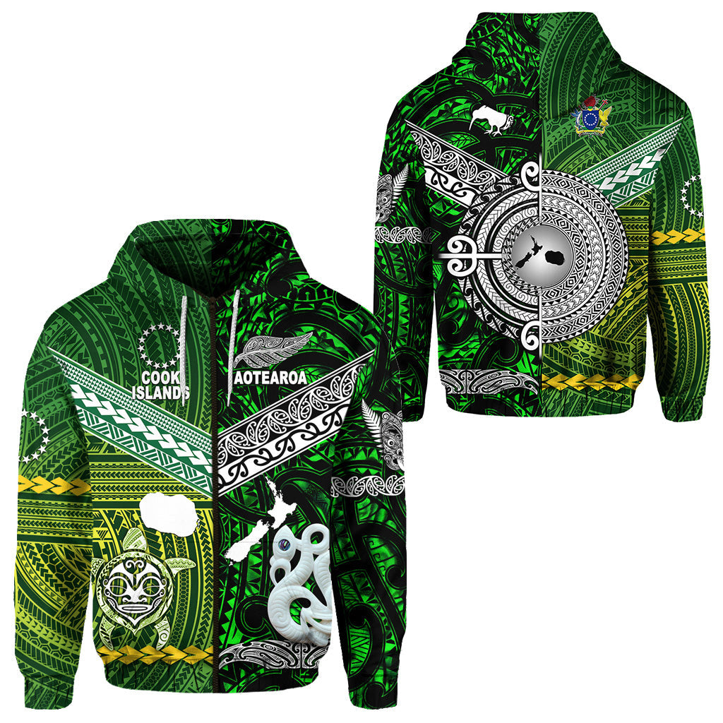 New Zealand Maori Aotearoa Zip Hoodie Cook Islands Together Green